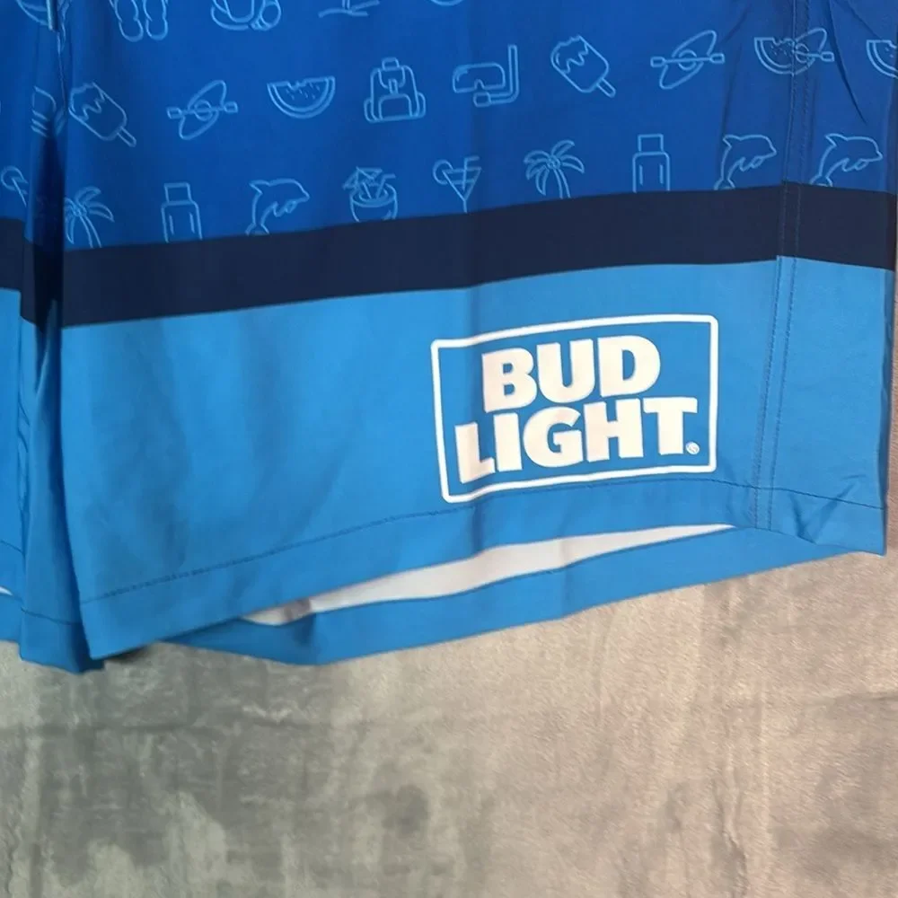 NWT New Bud Light Blue Swim Summer Board Trunks Shorts with Pockets Large